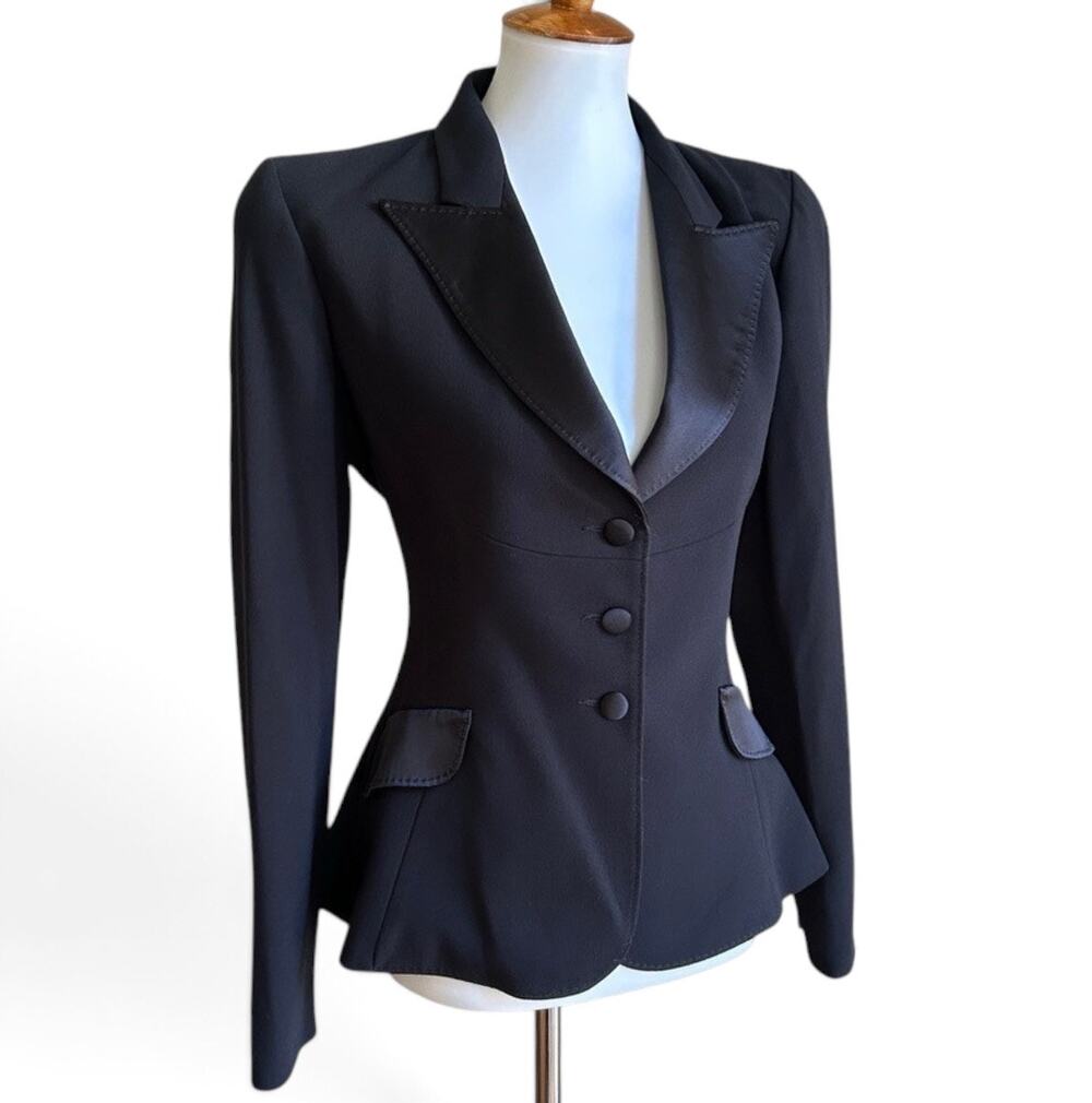 Agent Provocateur Soirée Black Silk Lined Peplum Tuxedo Blazer Jacket Sz 4